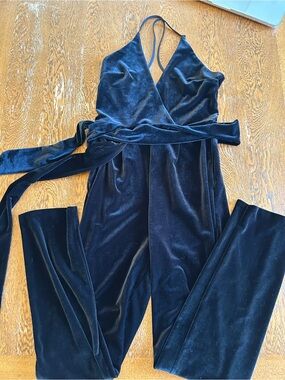 Express Black Velvet Wrap Jumpsuit with Waist Tie